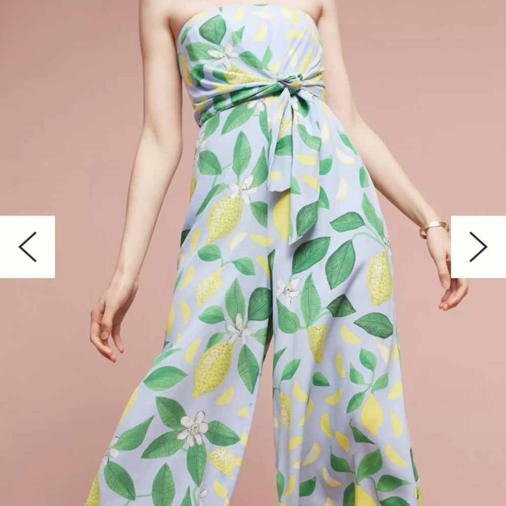 Anthropologie Lemon-Print Strapless Jumpsuit in Light Blue, Yellow & Green